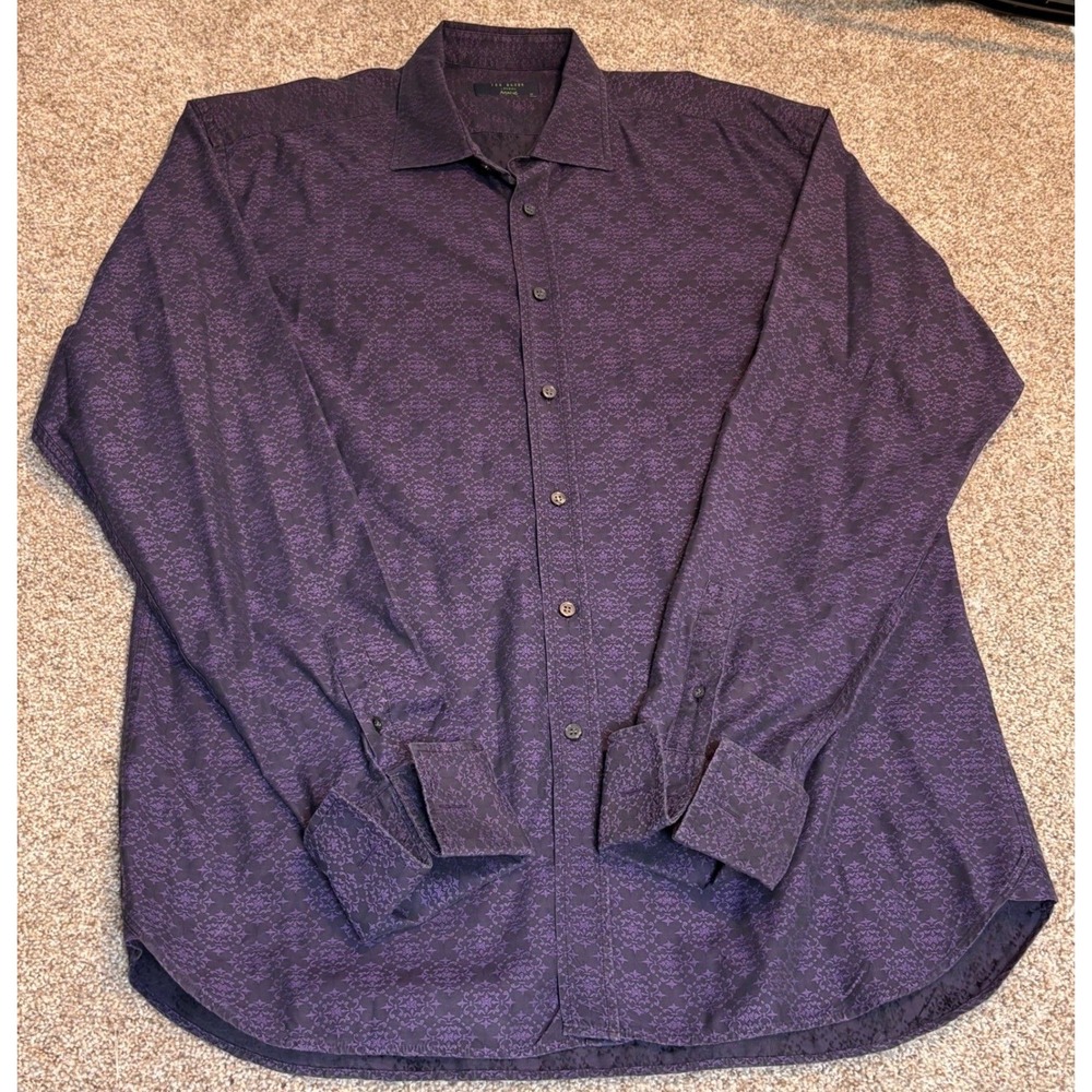 Ted Baker Button Down Shirt Mens 17 Purple Archive Damask Pattern‎ Long Sleeve